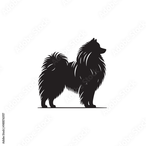 Keeshond dog silhouette, fluffy coat, friendly companion, alert expression, curled tail, spitz breed, medium size, thick fur, charming, intelligent, playful, loyal, house pet, furry outline, cheerful,