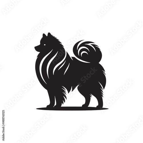 Keeshond dog silhouette, fluffy coat, friendly companion, alert expression, curled tail, spitz breed, medium size, thick fur, charming, intelligent, playful, loyal, house pet, furry outline, cheerful,