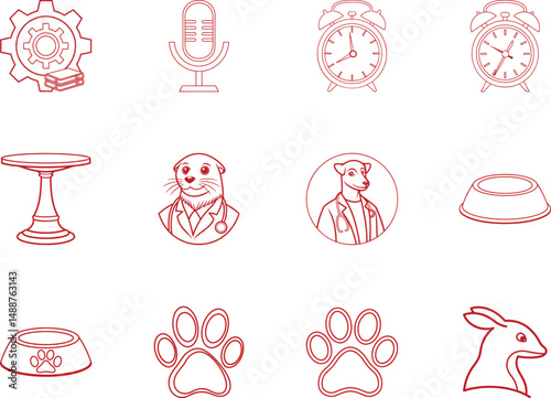 Twelve red outlined items including table, clocks, rabbit, pet icons and doctors appear on white