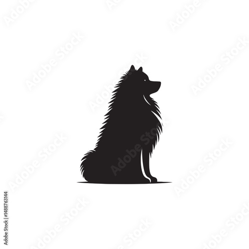 Keeshond dog silhouette, fluffy coat, friendly companion, alert expression, curled tail, spitz breed, medium size, thick fur, charming, intelligent, playful, loyal, house pet, furry outline, cheerful,