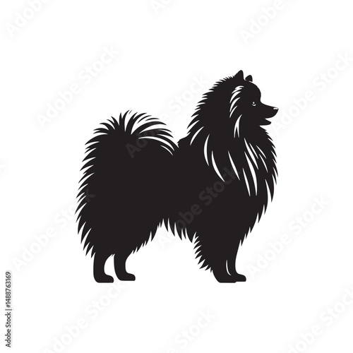 Keeshond dog silhouette, fluffy coat, friendly companion, alert expression, curled tail, spitz breed, medium size, thick fur, charming, intelligent, playful, loyal, house pet, furry outline, cheerful,