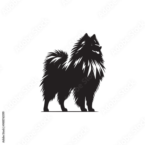 Keeshond dog silhouette, fluffy coat, friendly companion, alert expression, curled tail, spitz breed, medium size, thick fur, charming, intelligent, playful, loyal, house pet, furry outline, cheerful,