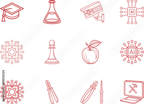 Maroon icon set features education, science, security, artificial intelligence, strategy, and technology symbols on white