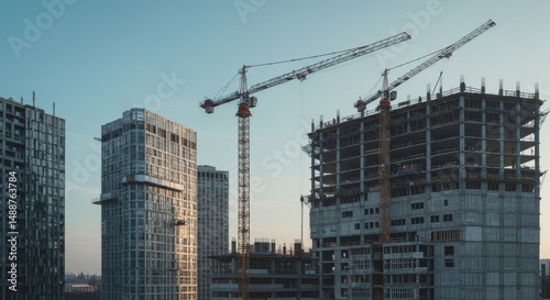Modern Cityscape Construction Project - Cranes and high-rise buildings under construction during daytime. A vibrant urban development scene photo