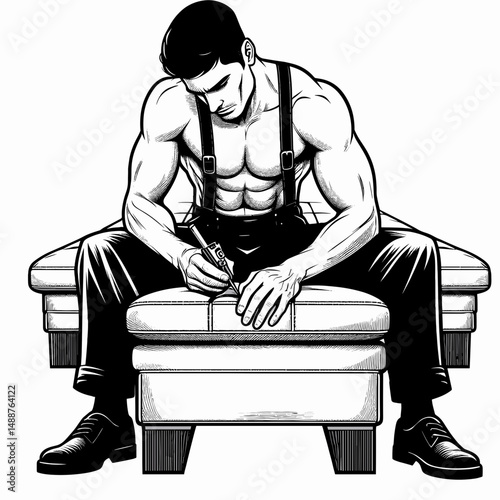 Male upholsterer working on a couch while sitting with concentration  