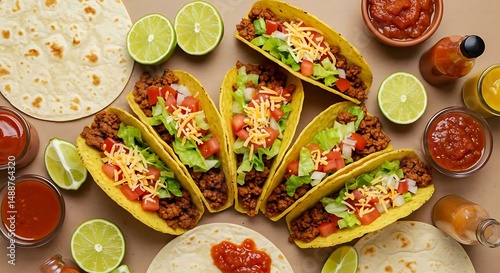 Wallpaper Mural Flat lay of tacos with beef, lettuce, cheese, and salsa, surrounded by lime wedges and hot sauce Torontodigital.ca