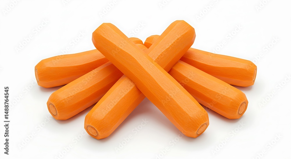 A group of peeled carrots with smooth surface, displayed symmetrically in the middle on a white isolated background, high clarity,
