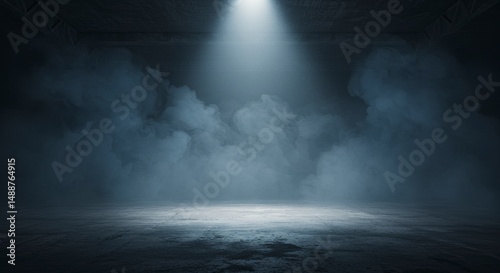 Smoke Filled Room with Spotlight on Concrete Floor