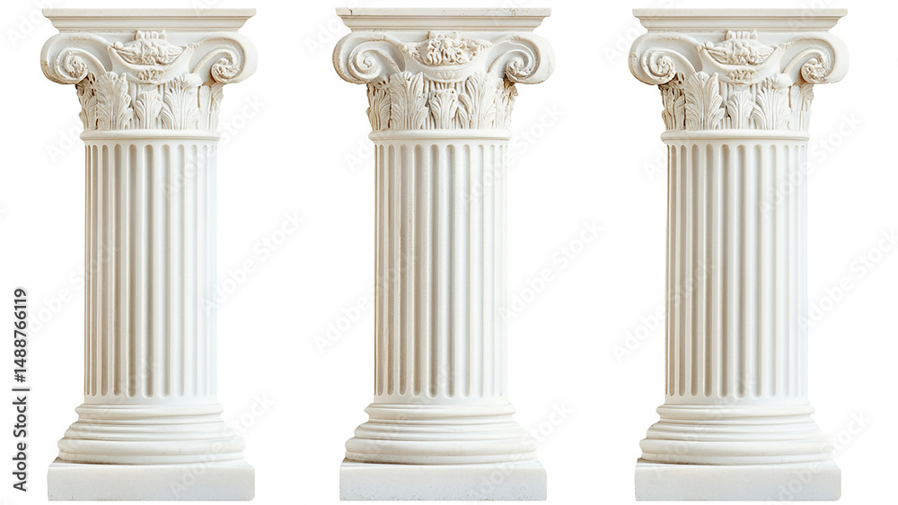 Fototapeta premium Different white Romanesque columns isolated on a white background, cut out