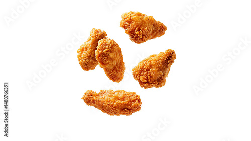 Fried chicken pieces flying in the air, isolated on a white background, cut out