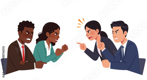  Set of Angry Multiracial People Arguing in Conflict During Meeting – Cartoon Vector Illustration on White Background