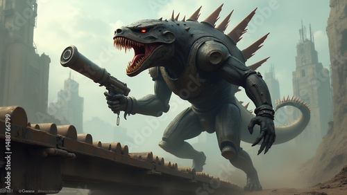 Mechanical monster illustration powerful creature amidst urban ruins