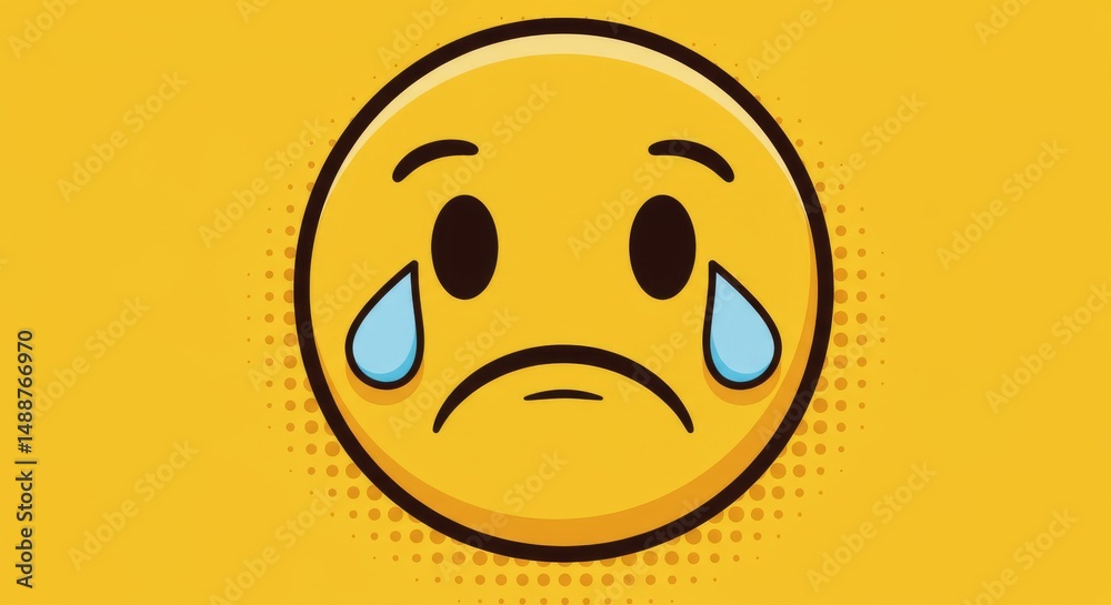 Fototapeta premium Sad Face Emoji Illustration - A yellow cartoon emoticon with tears streaming down its face, expressing sadness or disappointment. Simple, bold design