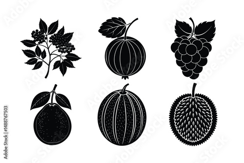 Vector seamless pattern illustration set features different ripe berries and fruits with leaf and floral design elements