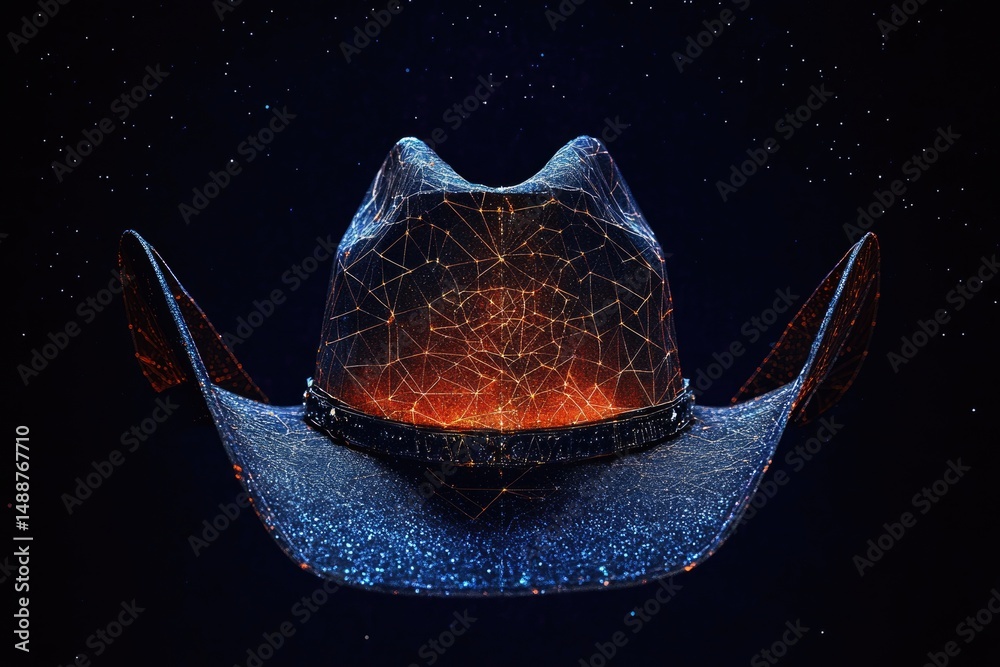 custom made wallpaper toronto digitalA futuristic cowboy hat made of glowing network nodes against a dark, starlit background evokes a sense of technology and the Wild West.