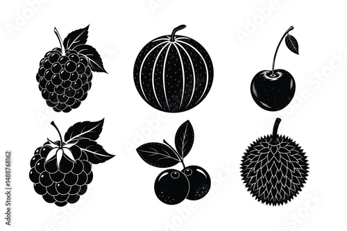 A vibrant set of fruits and berries features a red strawberry, crisp green apple, sweet ripe cherry, juicy orange, and plump blackberry, all isolated as a healthy food illustration
