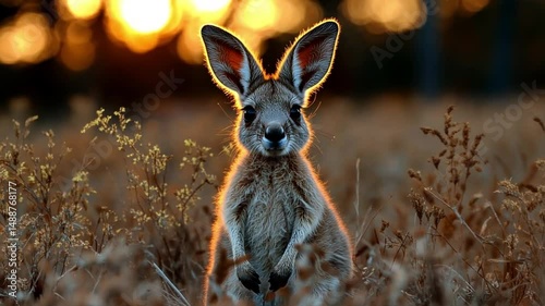 Golden Hour Joey: A Young Kangaroo at Sunset