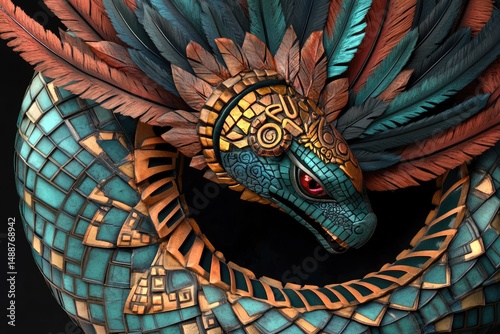 A detailed close-up of a Quetzalcoatl sculpture, displaying intricate Aztec design and vibrant feather colors against a transparent background.