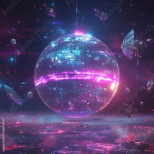 Futuristic cosmic scene with neon spacecrafts and glowing sphere in outer space