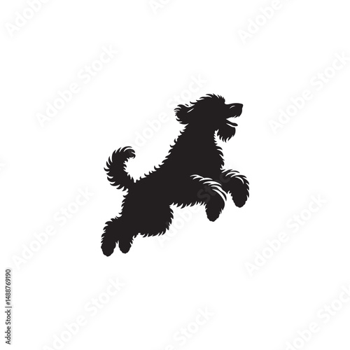 Labradoodle dog silhouette showcasing curly coat, friendly posture, playful and intelligent nature, medium-sized companion, loyal and affectionate pet, energetic, hypoallergenic breed, joyful and lovi