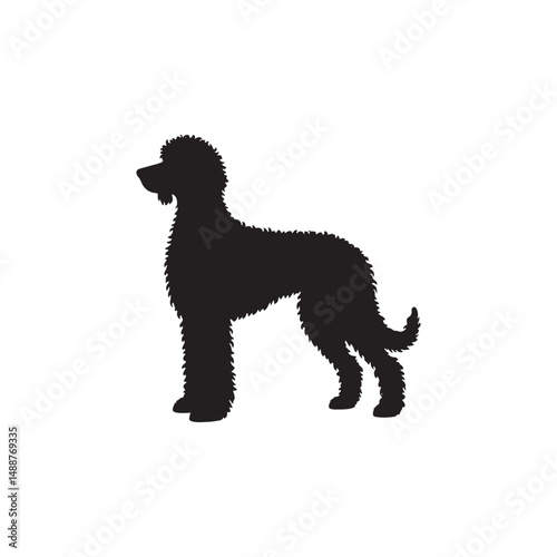 Labradoodle dog silhouette showcasing curly coat, friendly posture, playful and intelligent nature, medium-sized companion, loyal and affectionate pet, energetic, hypoallergenic breed, joyful and lovi