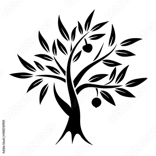 Elegant black olive tree silhouette design with textured branches and detailed leaves