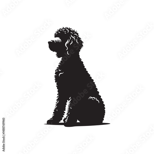 Labradoodle dog silhouette showcasing curly coat, friendly posture, playful and intelligent nature, medium-sized companion, loyal and affectionate pet, energetic, hypoallergenic breed, joyful and lovi