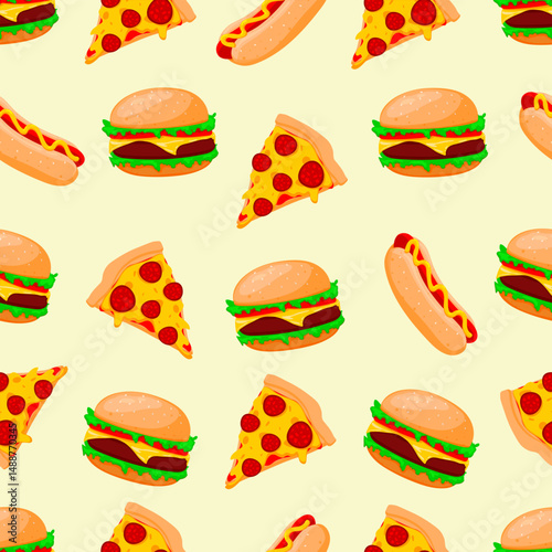 Colorful vector pattern with fast food: juicy burgers, pepperoni pizza slices, and delicious hot dogs on a light background. Perfect for textiles, packaging, wallpaper, and food-themed design.
