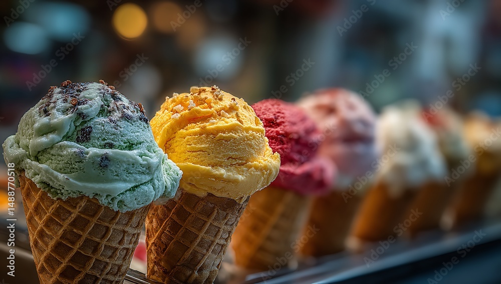 Fototapeta premium Colorful Ice Cream Cones with Various Flavors Displayed in Shop Window, Blurred Background