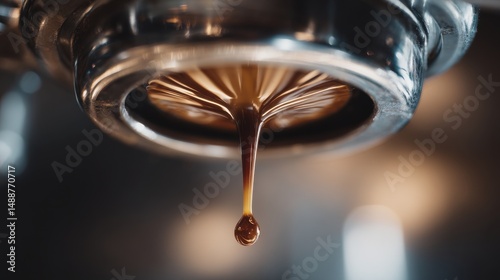 A 4K photo of close-up of a coffee drop from the coffee machine. Espresso coffee extraction from a professional coffee machine with a bottomless filter.
