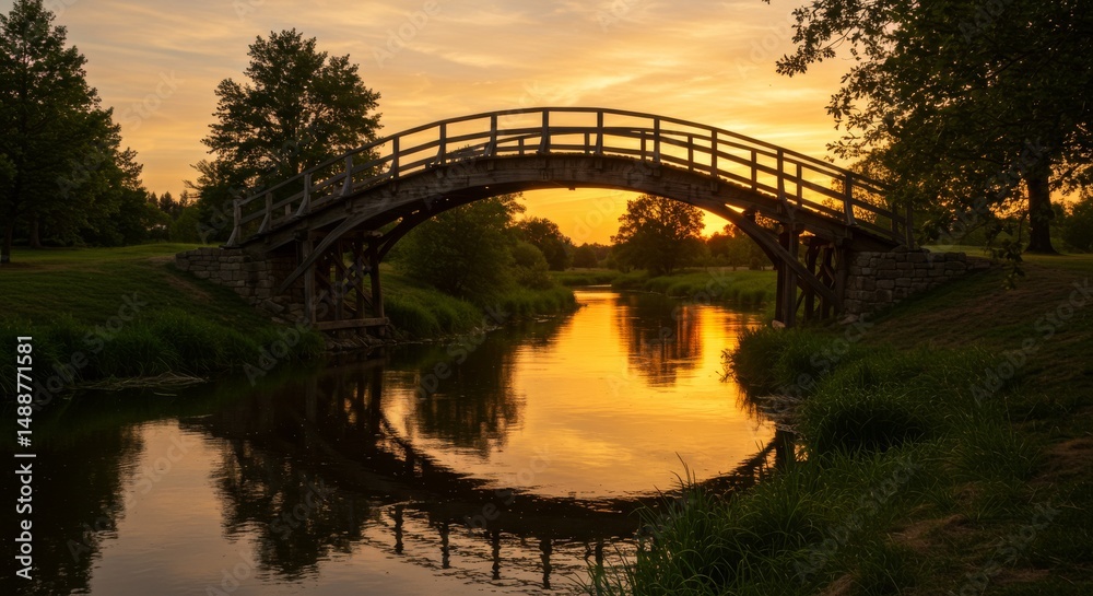Fototapeta premium Sunset Bridge Over Calm River - Serene sunset scene featuring a wooden bridge arching over a tranquil river, reflecting the golden light