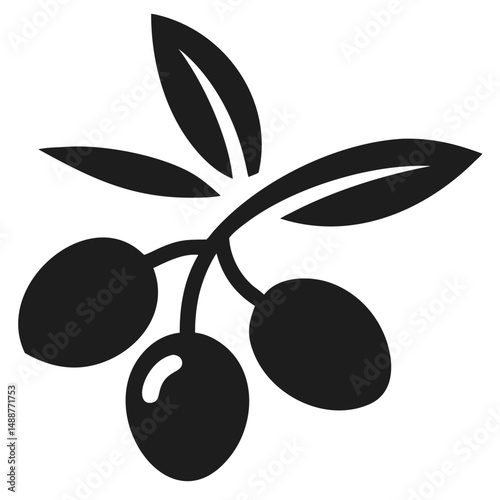 Simple black silhouette of an olive tree branch with olives for various design uses