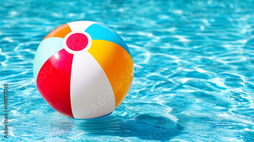 Colorful beach ball floating in a clear swimming pool