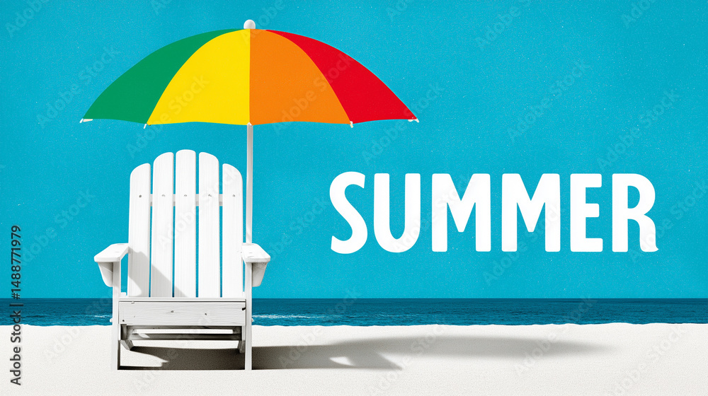 Beach chair and colorful umbrella with summer text on sandy shore