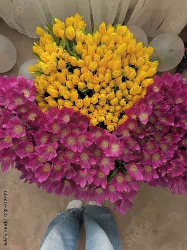 Two large floral bouquets with purple, yellow, and pink flowers photo