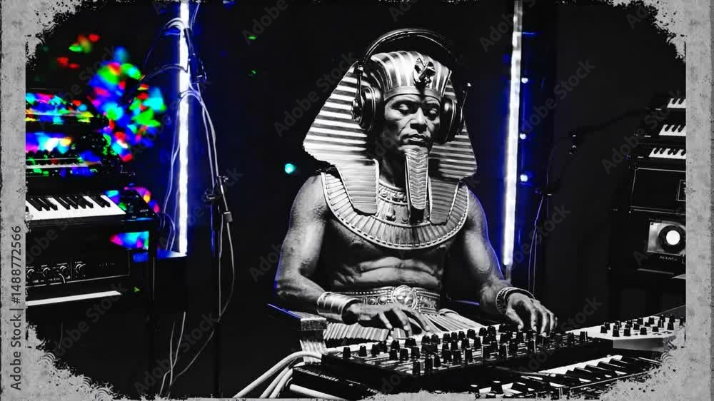 Ancient pharaoh dj mixing electronic beats with futuristic neon lights in a dynamic setting