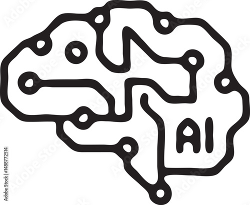 Futuristic AI Brain Circuit Icon  Neural Network Tech Logo in Flat Outline Style