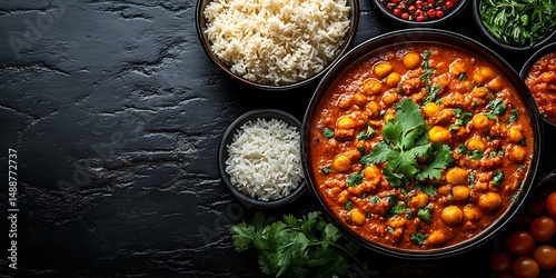 Delicious Chana Masala Indian Curry served with fluffy white rice a flavorful vegetarian dish perfect for a comforting meal photo