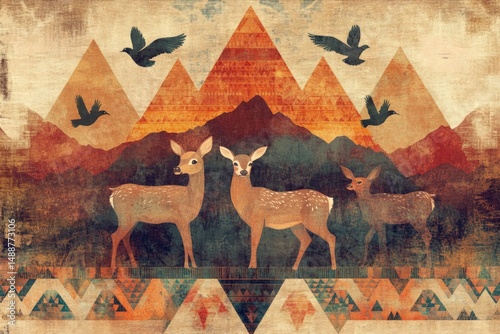 Stylized artwork featuring deer in front of mountains, with flying birds and geometric patterned foreground.