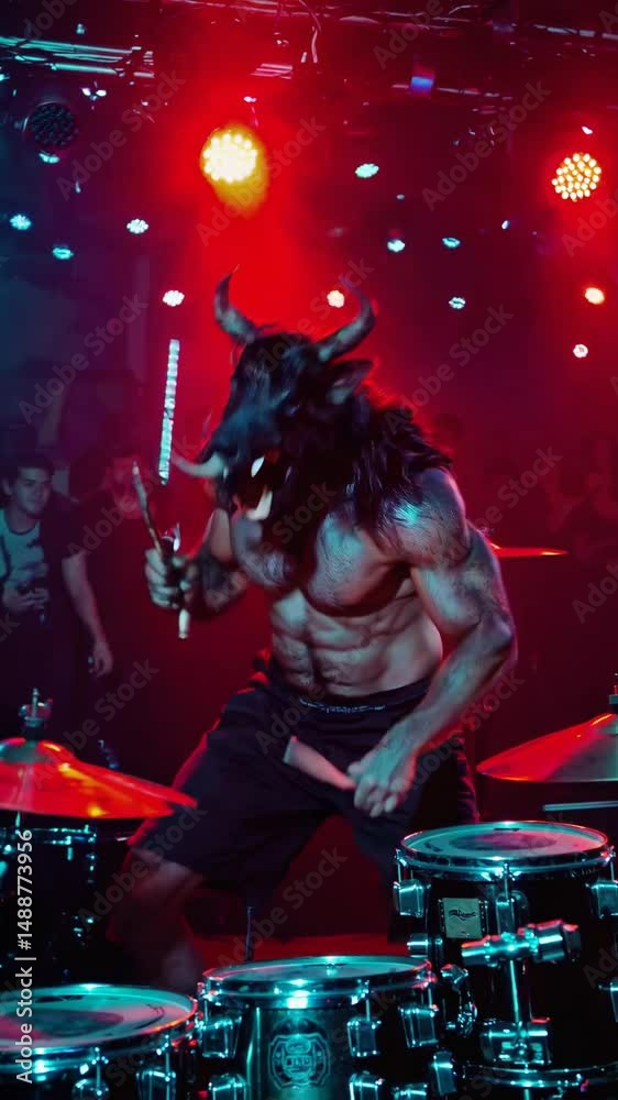 Minotaure torse nu jouant de la batterie en concert, scène musicale puissante et mythologique

