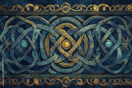 Complex Celtic knot pattern featuring interwoven loops with gold accents on a textured dark blue background creates an artistic and stylized design.