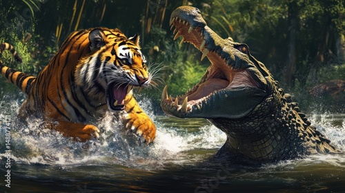 Tiger and crocodile battle in river
