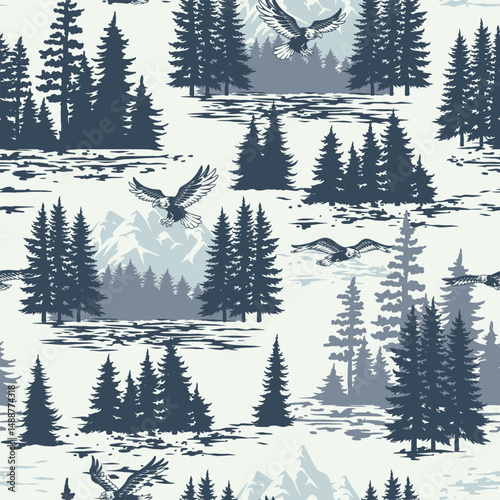 Forest view with birds and mountains