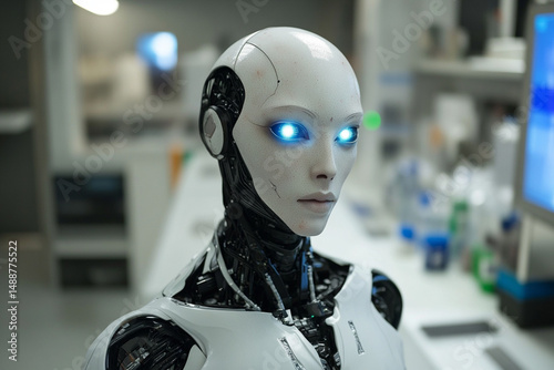 An android robot with realistic skin and glowing eyes looks at the camera against a laboratory background, scifi style photo