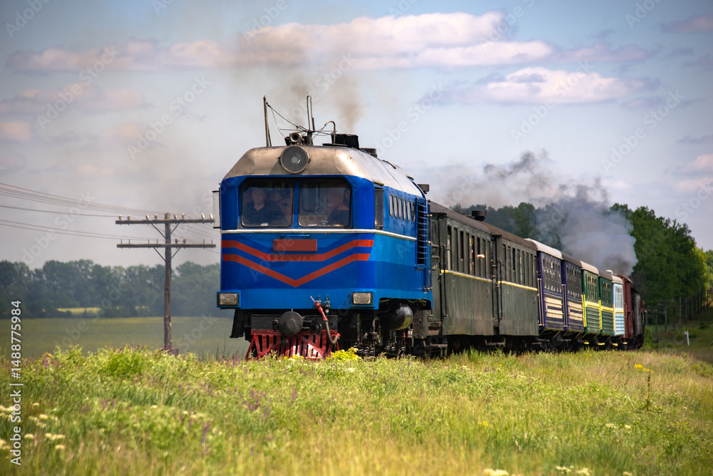 Fototapeta premium Steam locomotive on the move. Narrow gauge railway.The locomotive smokes, giving a signal. Weekend tour. Tourism Ukraine. Picturesque route.
