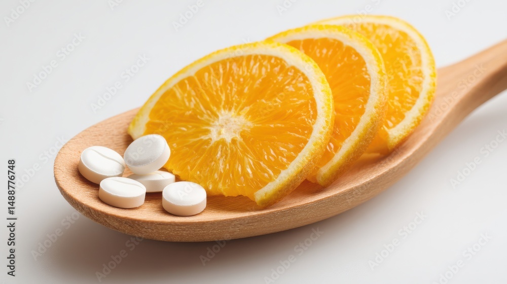 Fototapeta premium A 4K photo of fresh Oranges and Supplements - Healthy lifestyle, vitamin C, natural remedy, wellness, supplementation. depicts three orange slices and white supplement pills.