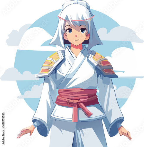 Anime Girl in Samurai Robe with Shoulder Armor – Flat Style Vector Illustration