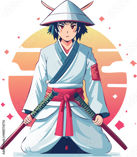 Anime Samurai Warrior Kneeling with Dual Katana – Sunset Background