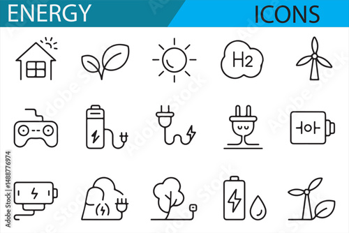 Clean Energy and Power Generation Icons in Simple Line Art Style