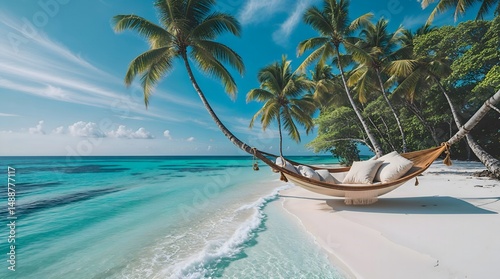 tropical beach with palm trees and blue sky